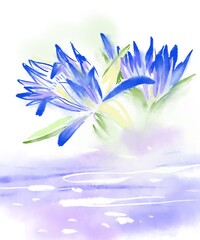 Beautiful and lovely blue lotus flower digital watercolor painting against cool morning mist background. Great for presentation design backgrounds, painting prints for minimalist walls, and beautiful.