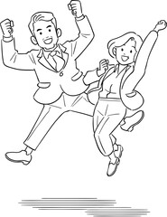 ジャンプするベテラン会社員の男女
