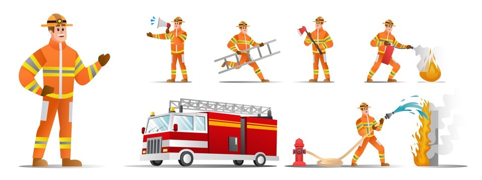 Set of firefighter characters with different poses illustration