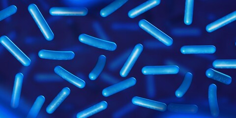 Probiotics. Restoring the gut flora. Blue color. Lactobacillus. Banner. 3d illustration.