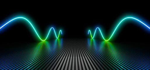 Sci Fy neon lamps in a dark hall. Reflections on the floor and walls. 3d rendering image. © Andrey Shtepa