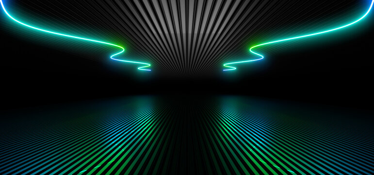 Sci Fy neon lamps in a dark hall. Reflections on the floor and walls. 3d rendering image.