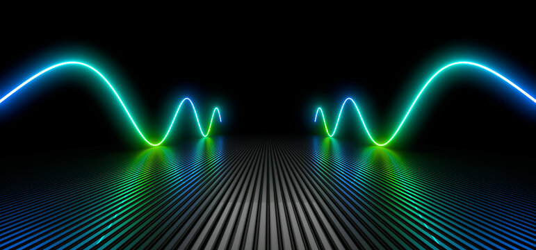 Sci Fy neon lamps in a dark hall. Reflections on the floor and walls. 3d rendering image.
