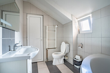 Bathroom bright toilet at home or hotel in day with sink and toilet sit