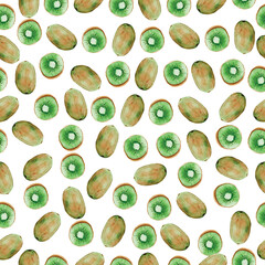 Watercolor seamless kiwi pattern on white background. Hand drawn fresh food design elements. Bright interior and graphic design.