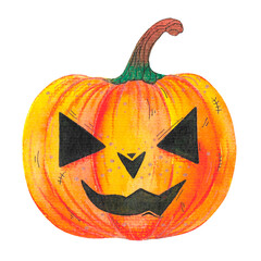 Watercolor halloween pumpkin. Scary Jack O'Lantern pumpkin. Festive decoration on white background