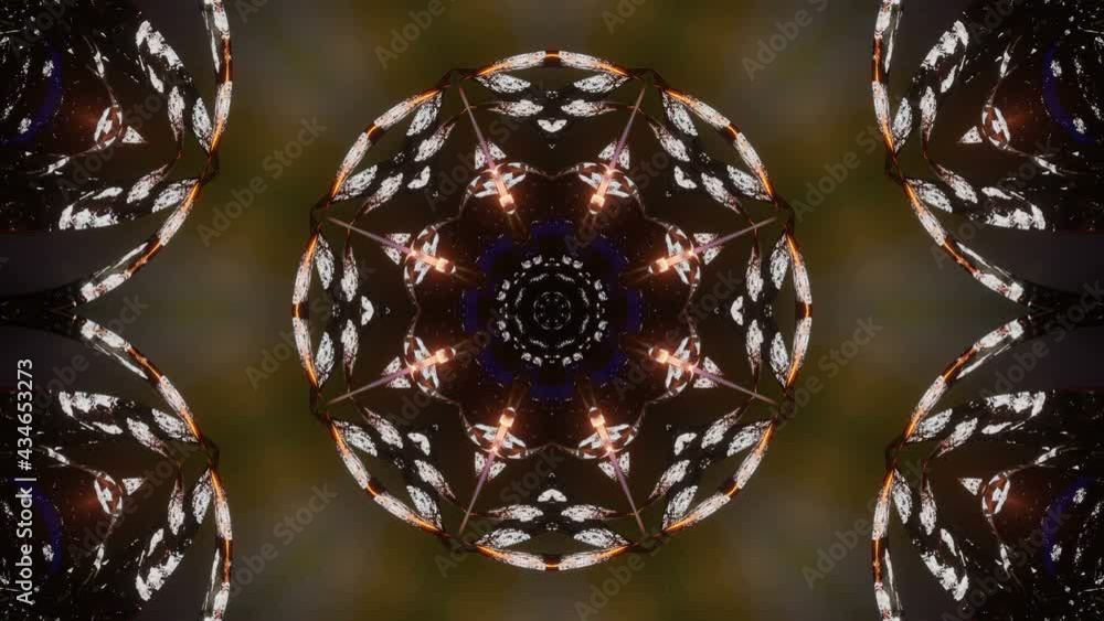 Poster moving bright three-dimensional kaleidoscope patterns and ornaments. looped animation. 3d render