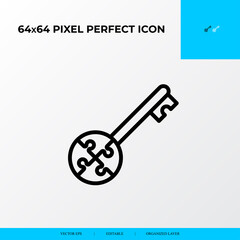 Problem solving and Solution Icon Concept. Key with circle in puzzle piece. 64x64 vector line icon style.