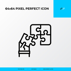 Problem solving Icon Concept. piece of jigsaw on hand. 64x64 vector line icon style.