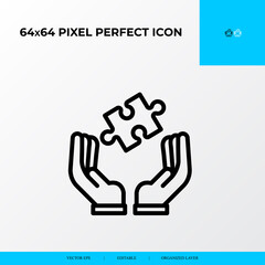 Problem solving and Solution Icon Concept. hand and piece of puzzle. 64x64 vector line icon style.