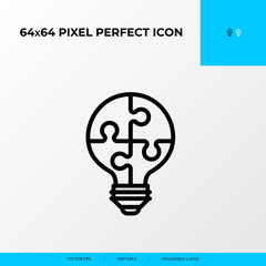 Problem solving and Solution Icon Concept. Light Blub in puzzle piece. 64x64 vector line icon style.
