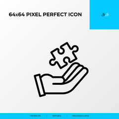 Problem solving and Solution Icon Concept. hand and piece of puzzle. 64x64 vector line icon style.