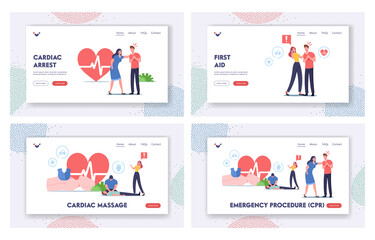 Emergency Procedure Landing Page Template Set. Cardiopulmonary Resuscitation, First Aid, Character Make Cardiac Massage