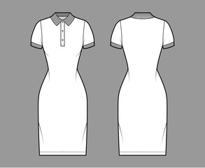 Dress polo fashion illustration with short sleeves, fitted body, knee length pencil skirt, henley neckline. Flat apparel front, back, white color style. Women, men unisex CAD mockup