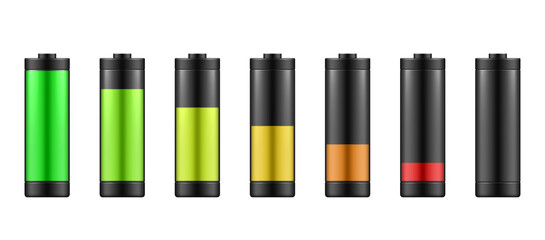 Obraz premium Colorful realistic battery charge level vector illustration. Various level energy alkaline batteries