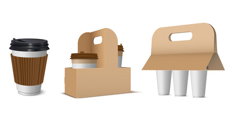 Collection of craft paper cardboard holders for hot coffee vector illustration take away drinks
