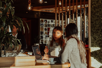 two young business women sitting at table in cafe. Girl shows colleague information on laptop...