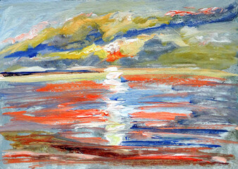 Oil painted sunny summer warm sea sunset