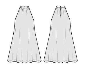 Dress trapeze tent technical fashion illustration with sleeveless, oversized body, knee length, banded high neck halter. Flat apparel front, back, grey color style. Women, men unisex CAD mockup