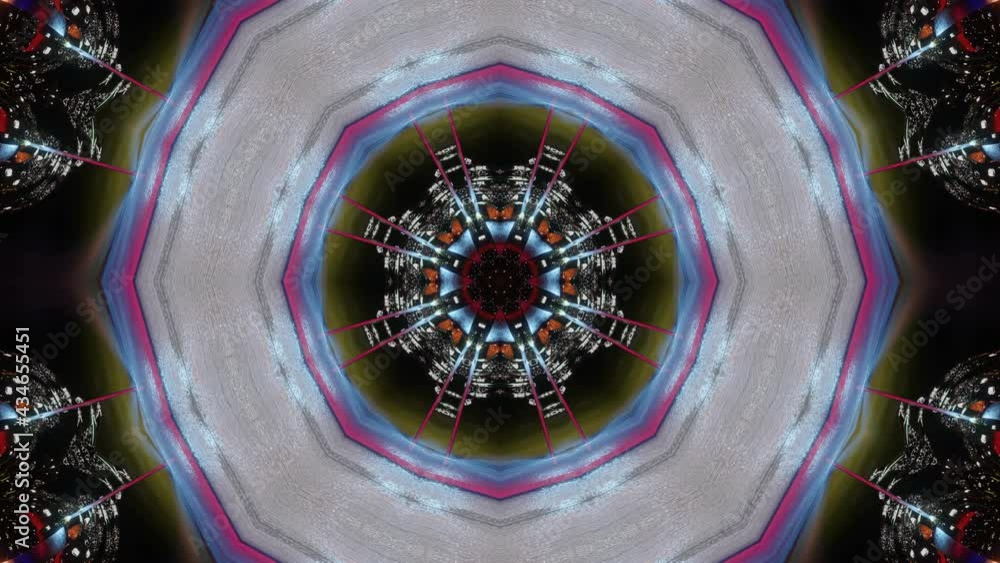 Poster moving bright three-dimensional kaleidoscope patterns and ornaments. looped animation. 3d render