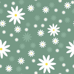 Daisy pattern. Floral seamless pattern from chamomile, on a green background. Textiles and fabrics for baby, child, kid. Spring Summer Field Meadow for Decoration, wrapping from flower daisy. Vector 