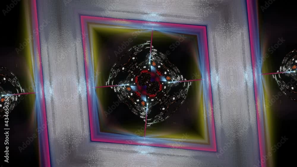 Poster moving bright three-dimensional kaleidoscope patterns and ornaments. looped animation. 3d render