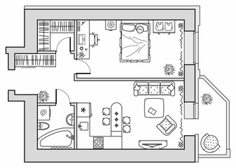 Planning of an apartment with furniture arrangement. Architectural drawing of a house (top view). Interior design floor plan from above. Vector layout