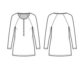 Dress henley collar technical fashion illustration with long raglan sleeves, oversized body, mini length pencil skirt. Flat apparel front, back, white color style. Women, men unisex CAD mockup