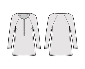 Dress henley collar technical fashion illustration with long raglan sleeves, oversized body, mini length pencil skirt. Flat apparel front, back, grey color style. Women, men unisex CAD mockup