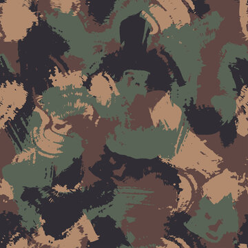 Abstract grunge camouflage, seamless  brush stroke texture, military camouflage pattern, Army or hunting green camo clothes. Camo wallpaper for textile and fabric. Fashion camo style. Vector