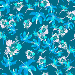 Navy Pattern Textile. Azure Seamless Textile. Blue Tropical Plant. Gray Flower Design. Indigo Decoration Design. Spring Textile. Summer Art.