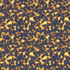 Digital lava flow camo, seamless black orange pattern for your design. Camouflage sporty fiery coloring, modern fabric print. Abstract repeating wallpapers. Vector pixel art texture