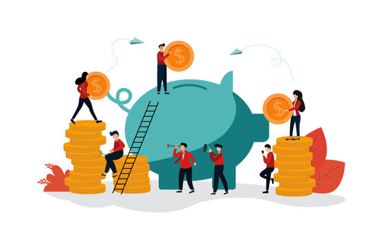 Flat illustration, saving money of people by putting coins into a big pig piggy bank on a white background.