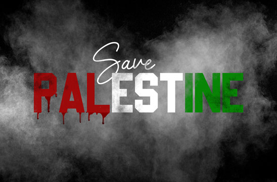 save Palestine lettering in the smoke of bombing - save Palestine poster design