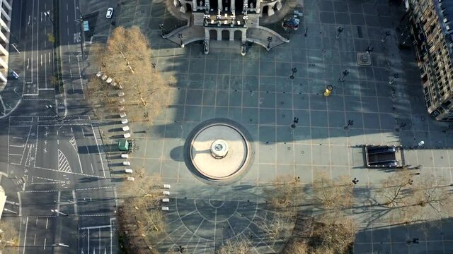 Aerial drone view of the Old Opera House and its forecourt in Frankfurt am Main, Germany.