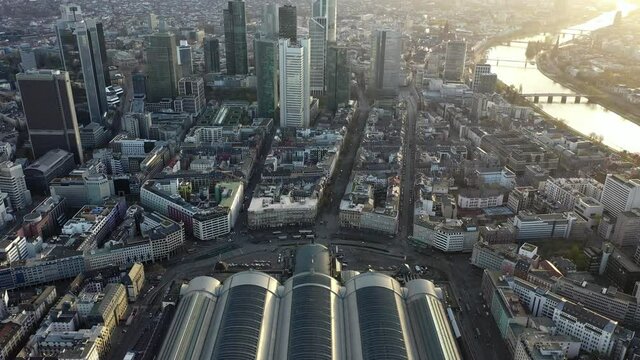 Aerial drone view of Skyline in Frankfurt am Main, Germany.