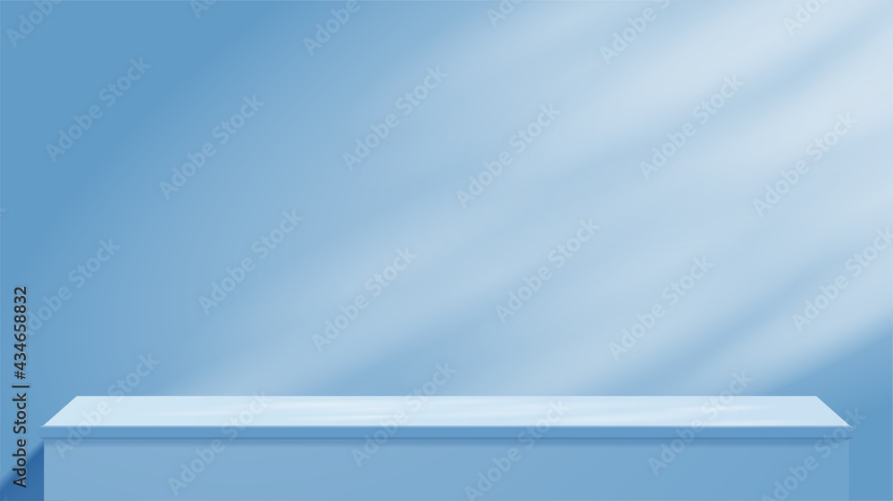 Wall mural empty blue studio table with beautiful lights and shadows. blank stand display or showing product. r