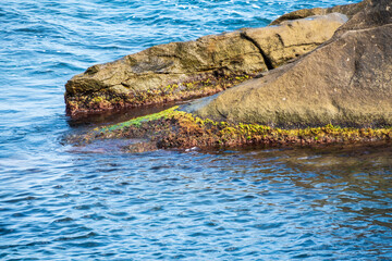 Stone cliff on the sea shore at cloudy day