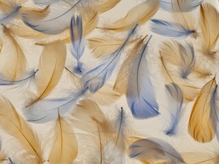 Feathers background. Blue and beige feathers texture. Natural materials surface.Beautiful nature background.Airiness and lightness symbol. 