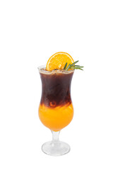 Coffee mix Juice, Coffee separated with iced orange or lemon in clear glass on white background. Give a refreshing feeling.