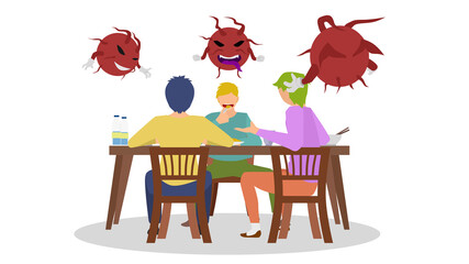 Concept of Covid-19 virus. Three men were friends eating together. Live close to each other without virus protection equipment. Virus that is ready to attack the third person on top like Majraj. 