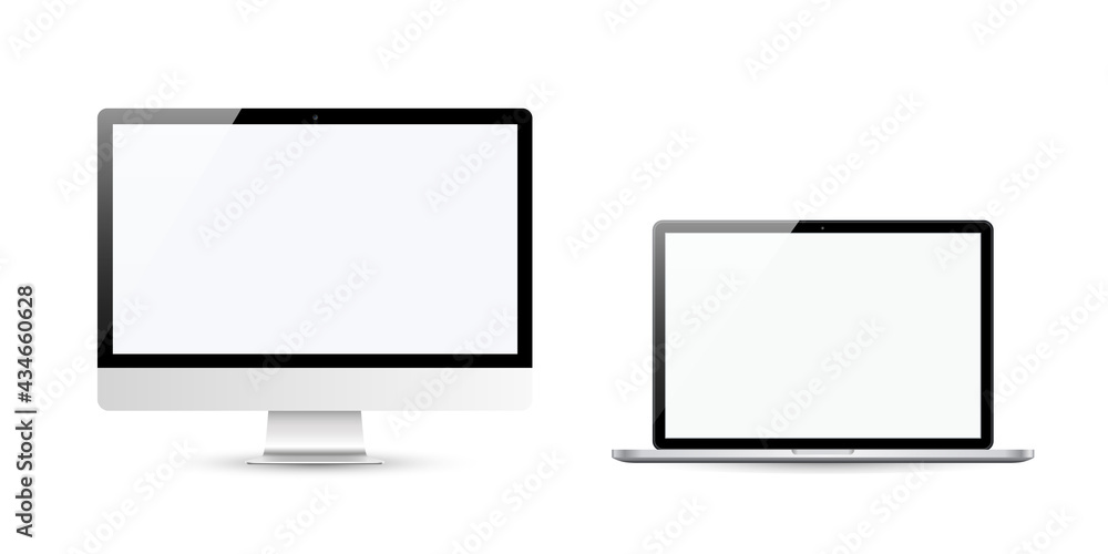 Poster devices in realistic trendy design on white background. set of computer and laptop with empty screen