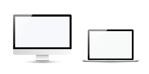 Devices in realistic trendy design on white background. Set of computer and laptop with empty screens. Mock up.