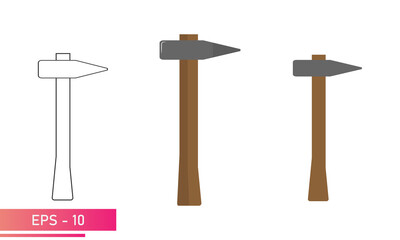 A set of hammers, with a pointed part on one side and a wooden handle. Realistic and linear design. On a white background. Tools for the blacksmith. Flat vector illustration.