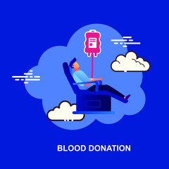 blood donation with young man giving blood flat concept design