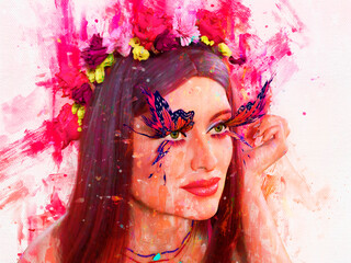 Beautiful woman an butterfly fashion 3d illustration in the style of painting