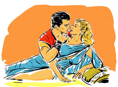 pop art portrait couple amour, romance antique ,dessin couleur.