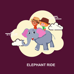 Elephant ride with 2 young kids sitting on elephant and travelling flat concept design