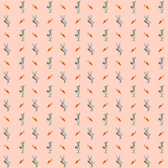 Rabbit standing and holding orange carrot on pink background repeat pattern