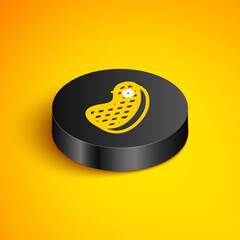 Isometric line Steak meat icon isolated on yellow background. Black circle button. Vector